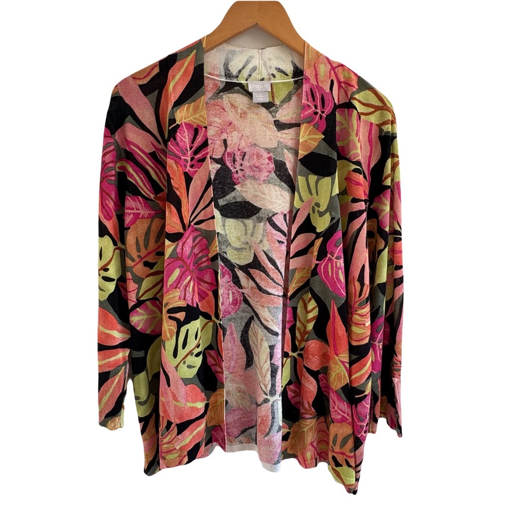 Chico’s  Women’s  XL  Pink  Green  Orange  Leaf  Pattern  Cardigan  Bold